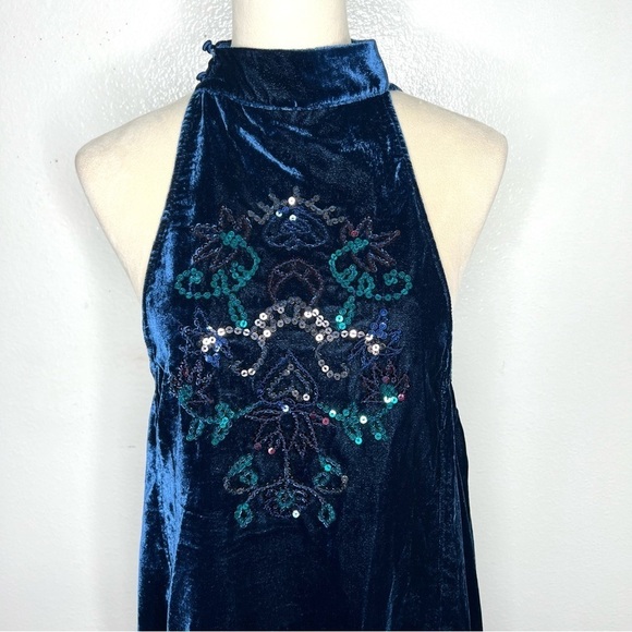 FREE PEOPLE Jills Velvet Sequin Swing Dress Mini Navy High Neck Size XS - Picture 7 of 13